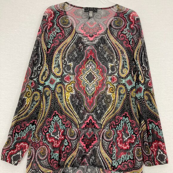 INC International Concepts Colorful Paisley Mesh Lace Up Stretch Blouse XL Boho - Picture 8 of 9